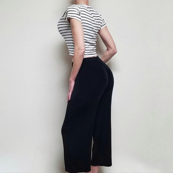 Vintage 80s Softwear Mark Singer Black Slinky Crepe High Rise Palazzo Pants L - Picture 3 of 11